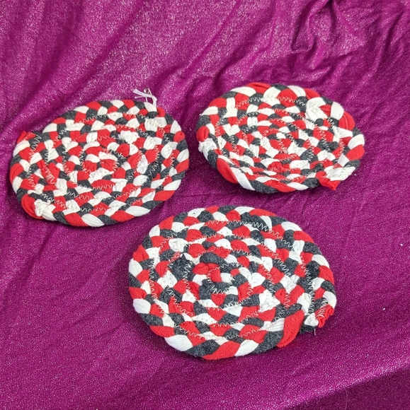 Upcycled fabric coasters- bright red, cream and grey (1 of 3) - Picture 2 of 2